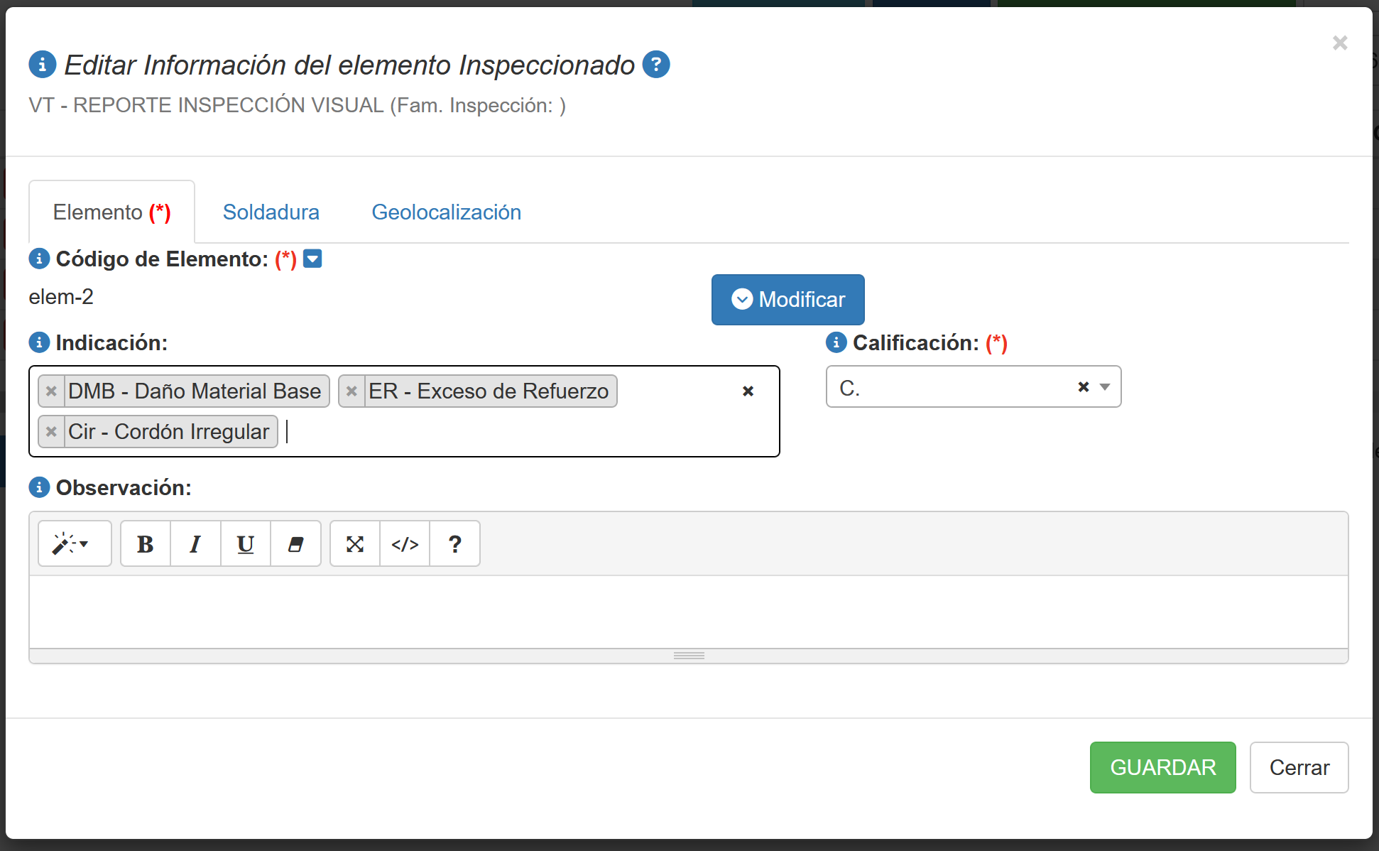 ventana editar elemento inspeccionado